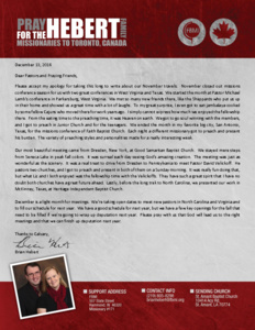 Brian Hebert Prayer Letter:  Fall Finish