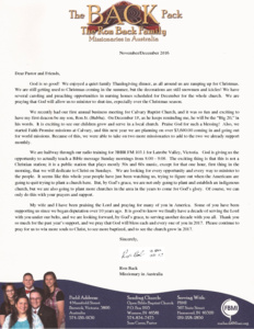 Ron Back Prayer Letter:  God Is Good!