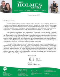 Mark Holmes Prayer Letter: Homecoming
