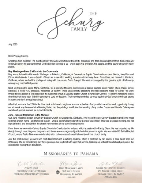 thumbnail of Dustin Schurg July 2025 Prayer Letter
